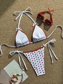 Bộ đồ bơi nữ gợi cảm, dễ thương, màu trắng và đỏ chấm bi thắt nơ, kiểu yếm, thích hợp cho kỳ nghỉ xuân/hè. - trắng - Xem 3