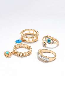 4pcs/Set Rhinestone Hollow Geometric Devil's Eye Rings Set, Suitable For Women's Daily And Party Wear, Gift, Autumn/Winter Women's Jewelry, Women's Accessories