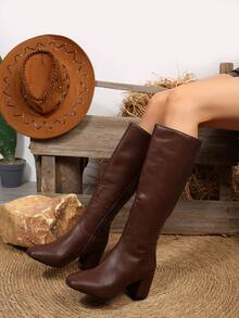 FVPFVP 灵感漆皮方头高筒靴，修身粗跟马靴，女式，秋冬，及膝靴