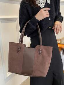 Faux Leather Minimalist Large Capacity Stitch Detail Faux Suede Shoulder Tote Bag, Suede Bag Purse, Newest Fashionable Suede Bag For Women, Perfectly Matching With Fall Outfits Womenfall Clothes For Women - 咖啡棕 - 查看 7