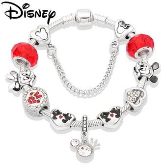 Disney 1 Pc Classic Red Crystal Mickey Minnie Charm Bracelet Silver Plated DIY Heart Beaded Jewelry For Women Christmas Gift