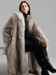 Damen luxuriöser Kunstpelz Mantel mit Strickjacken-Kragen, Fransen und strukturierten Details, normale Ärmel für eleganten Winter