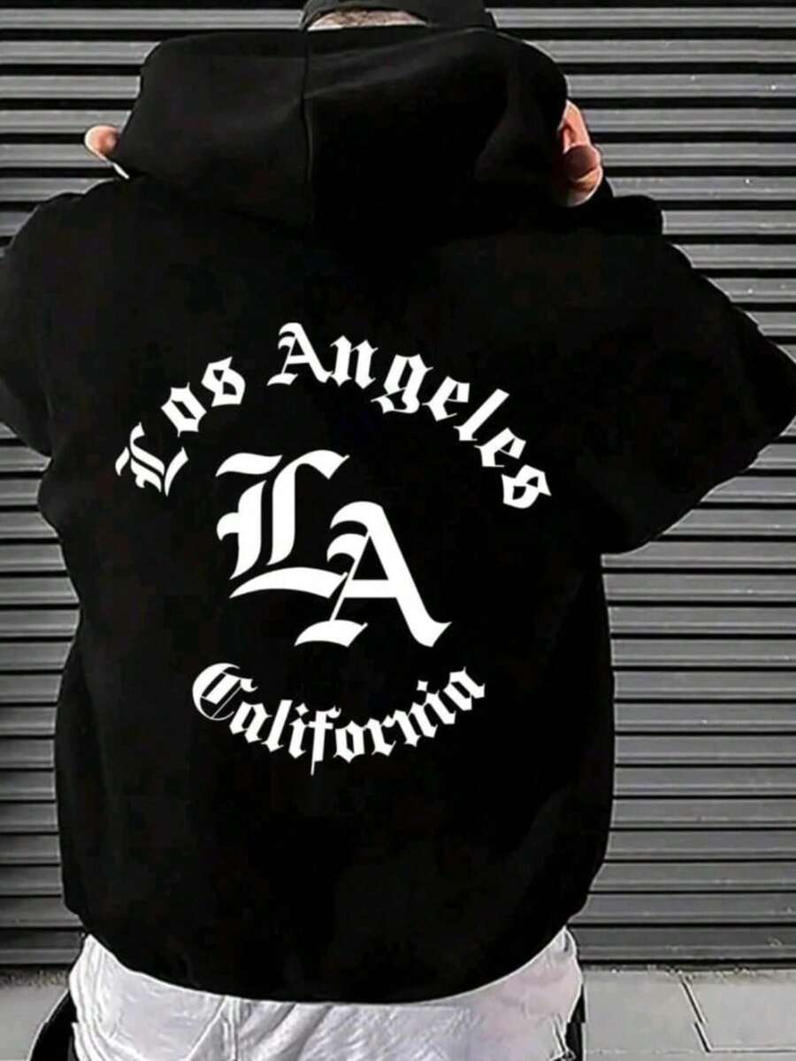 Sudadera de manga larga con capucha y cordón para hombres de poliéster con estampado de los angeles LA - Sudadera acolchada para otoño/invierno - Negro - Ver 1