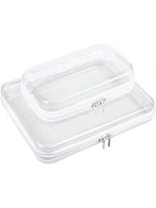 2 Pcs Clear Hard Shell Zipper Case, Portable Clear Zipper Pouches Hard Shell, Waterproof Plastic Transparent Storage Box Set With Double Zips For Cosmetic Stationery Toy Snack Storage