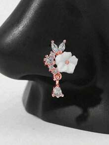 1pc Metal Inlaid Flower Petal, Clip-On Fake Nose Ring, Dangling Fake Nose Hoop Nose Piercing Jewelry, Suitable For Women As Valentine's Day, Mother's Day Gift - Silver White Flowers - View 9