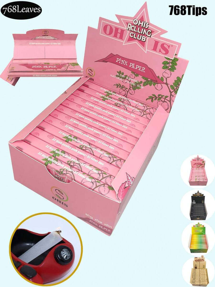 OHIS-768 卷烟纸 + 768 片一次性滤嘴/盒,110mm 32片装 + 32片/本,未漂白卷烟纸 - 天然阿拉伯树胶卷烟纸 - 110mm 慢燃卷烟纸 - 经典超薄卷烟纸,燃烧顺畅。圣诞节礼物、万圣节礼物、各种生日礼物。 - 彩色 - 查看 1