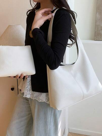 Borsa a spalla bianca morbida ed elegante, di stile semplice e alla moda, nuova borsa da donna di grande capacità, di colore unito, semplice ed elegante, di stile occidentale, adatta per appuntamenti, shopping, versatile, borsa raffinata