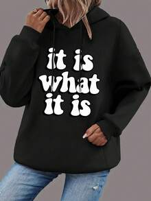 Slogan Graphic Drop Shoulder Drawstring Sweatshirt - Black - View 11