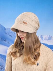 1pc Women's Winter Thick Knit Beanie Hat, Outdoor Warm Cuffed Ski Cap With Wide Brim, Flattering & Ear Warmer, Suitable For Maternity