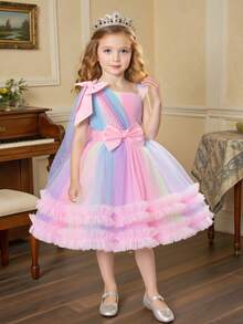 Váy công chúa nhiều lớp cho bé gái, váy midi nơ hồng cổ áo choàng cho bé gái, váy vải tuyn dây mảnh tay lửng thời trang cho bé, váy bồng bềnh ombre cầu vồng cho trẻ em, váy dự tiệc sinh nhật, tiệc tùng hàng ngày sang trọng cho bé gái - Nhiều màu - Xem 4