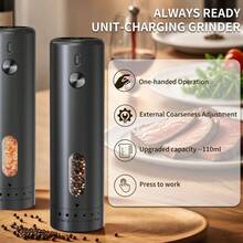 1pc Smart Electric Pepper Grinder. Type-C Charging (Includes 300mAh Lithium Battery). 110ml Large Capacity/LED Light|6 Coarseness Levels Adjustment|Top Filling/Ceramic Grinding Core. Suitable For Grinding Various Spices. Ideal For Kitchen, Outdoor And BBQ Use. An Essential Kitchen Tool.
