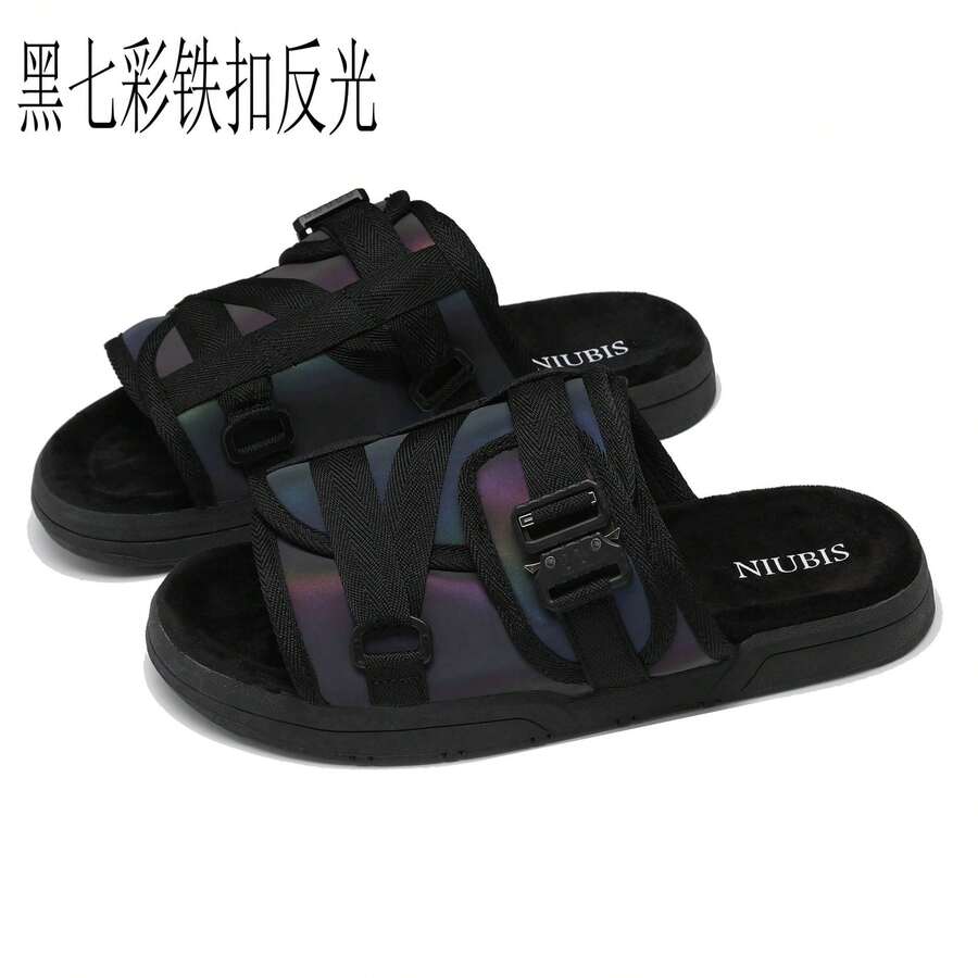 2025 High-End Feel Outdoor Slippers Unisex Beach Slide Sandals - Black Colorful Iron Buckle Reflective - View 1