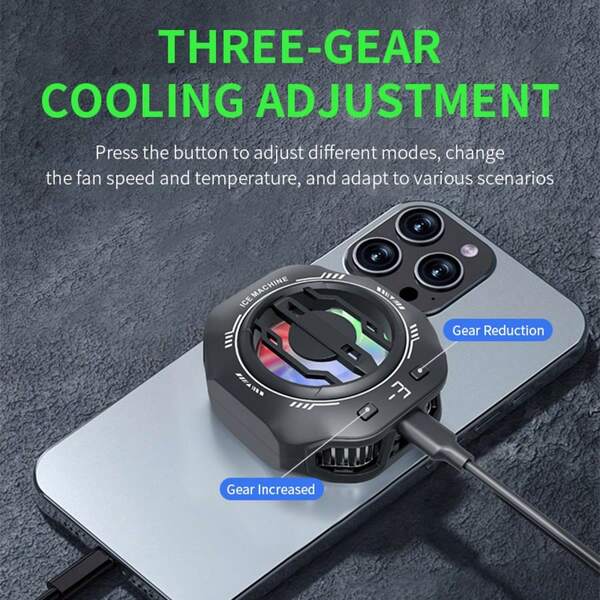 A Black Magnetic Suction&Back Clip Semiconductor Mobile Phone Cooling Fan, Mobile Phone Cooler, ABS+Ice Porcelain Material, Dual Cooling, Three Speed Wind Speed Adjustment, Color Lighting, Mobile Phone Cooling Product, Mobile Phone Fan, Suitable For Various Mobile Phones And Tablets, Etc. Christmas Gifts, Camping Equipment.