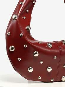1 件女士复古朋克铆钉波西米亚围巾，仿皮新月形单肩包，大容量，适合外出、派对和日常穿着 - 酒紅色 - 查看 3