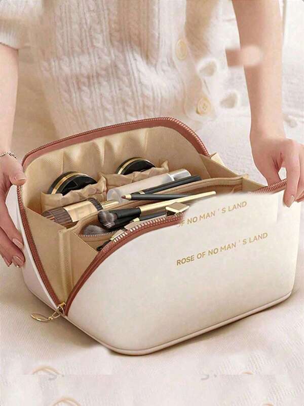 1pc Large Capacity Double-Layer Makeup Bag, Portable Travel Cosmetic Organizer, PU Leather Waterproof Makeup Case, Multi-Functional Toiletry Bag With Compartments, Travel Essentials, Cruise Essentials, Dorm Essentials, Gift For Friends And Family, Autumn Decor