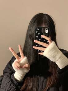 1/2/3/4 双女士纯色保暖针织露指手套，毛绒针织腕套，适用于触摸屏、办公室、学生写作、骑自行车、防冻 - 彩色 - 查看 5