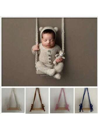 时尚新生儿摄影道具木制婴儿秋千摆姿势配件适用于男孩女孩花边秋千摆姿势拍照道具秋千