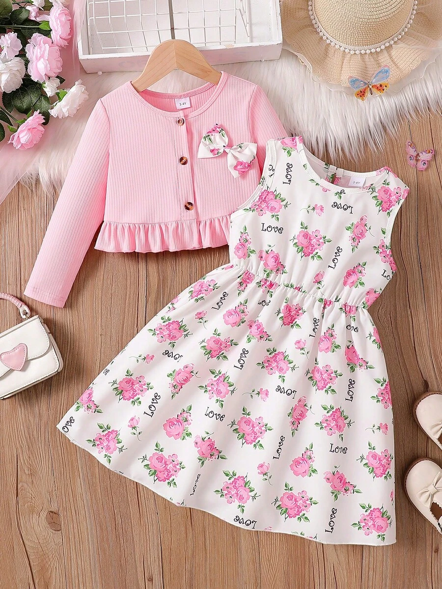 coviviky Set de 2 piezas de conjunto de moda para niñas, cárdigan con ribete de volantes y decoración de moño, y vestido sin mangas con estampado floral y letras para niños