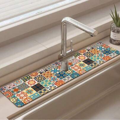 1 pieza Felpudo de silicona estilo bohemio para grifos, con diseño vintage, se ajusta a varios grifos, apto para baño y cocina, alfombrilla antideslizante para el lado del fregadero de la cocina, esencial natural e higiénico para la decoración del hogar y la cocina, parte de tus estilos acogedores de otoño e invierno y decoraciones navideñas