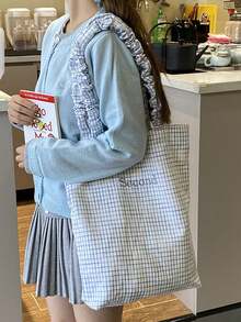 New Casual Fashion Plaid Tote Bag, Pleated Strap, Korean Style Loose Lettering Handbag, Foldable Large Capacity Shoulder Bag For University, Shopping, Travel , Office Bag - Multicolor - View 18