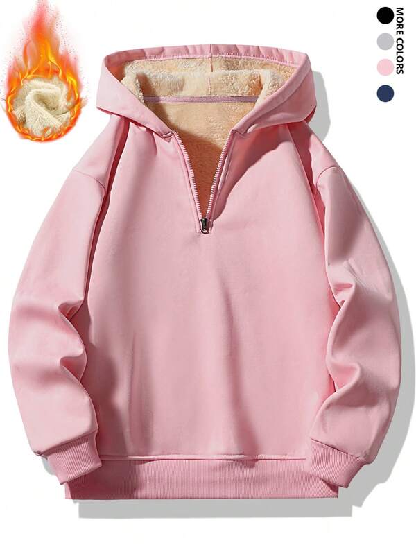 Men's Casual Hooded Half-Zip Fleece Lined Thick Sweatshirt , Fall Winter