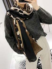 1pc Leopard Print Geometric Patchwork Scarf, Bohemian Style Shawl & Headband For Women