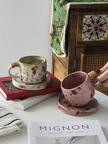 1set Vintage Crackle Glaze Ceramic Coffee Cup & Saucer Set, Cherry & Strawberry Mugs, Breakfast Milk Cup, Bread Plate, Home Afternoon Tea Coffee Cup, Latte Art Cup, Juice Beverage Cup, Couple Water Cup, Holiday Gift For Family & Friends