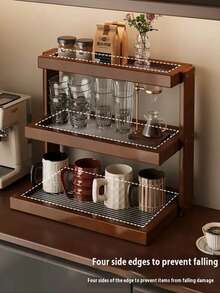 Three-Tier Bamboo Coffee Bar Storage Rack-Easy Assembly, Ideal For Kitchen, Dining Room, Cosmetics, And Lipstick Organization. Holds Mugs And Water Glasses. Features Natural Bamboo Grain. Space-Saving Home Decor And Countertop Organizer. Bamboo Kitchenware. - Walnut - View 10