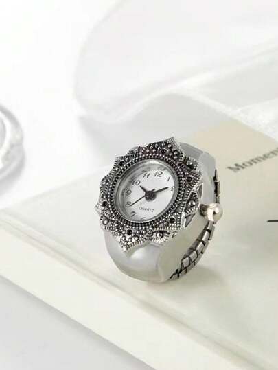 1 pieza Reloj de cuarzo de mujer con diseño de flor en la esfera, correa de aleación de zinc plateada, estilo vintage, para uso diario y San Valentín