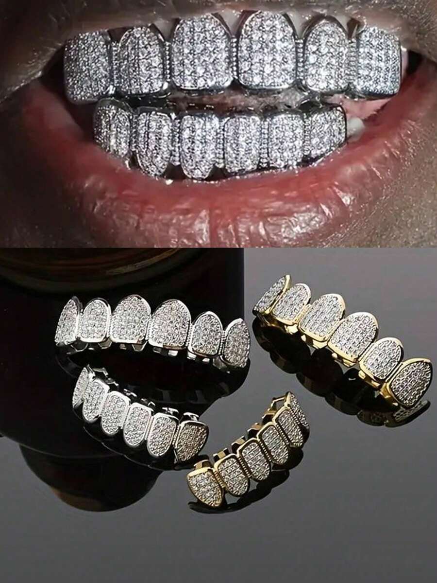 2 piezas/1 pieza Dientes Grillz de Cobre con Circonita, Estilo Hip Hop Unisex, Adecuado para Fiestas, Cosplay - Multicolor - Ver 1
