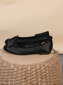 Women's Ballet Flats, Fashionable Square Toe Slip-On Soft Bottom Shoes, Versatile Flat Shoes, Black Flat Bow Tie Loafers, Size Run Large, Plus Size 35-43