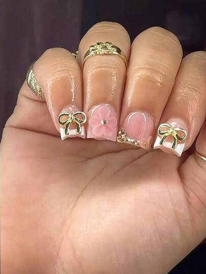 10 Pieces Of Y2K Style Gold Bow Press On Nails, Handmade Pink Flower Square Nails, White French Design, Gold Bow Embellishment, 3D Pink Flower Decoration Fake Nails, Cute And Lively, Are Essential Fake Nails For Summer And Autumn, Suitable For Daily Use, Dating, Parties, And The Best Gift For Women And Girls Nail Supplies