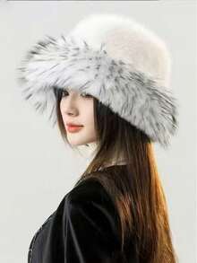 Classic Autumn/Winter New Solid Color Fashionable Wide Brim Bucket Hat For Women, Autumn/Winter Thickened Plush Hat, Versatile, Petite, Casual, Polyester Fiber Fuzzy Decor, Autumn/Winter Winter Warm