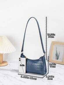 Fashionable Crocodile Embossed Baguette Shoulder Bag For Women - Navy Blue - View 3