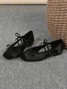 Women's Ballet Flats, Fashionable Square Toe Slip-On Soft Bottom Shoes, Versatile Flat Shoes, Black Hollow Flat Bowknot Loafers, Size Run Large, Plus Size 35-43