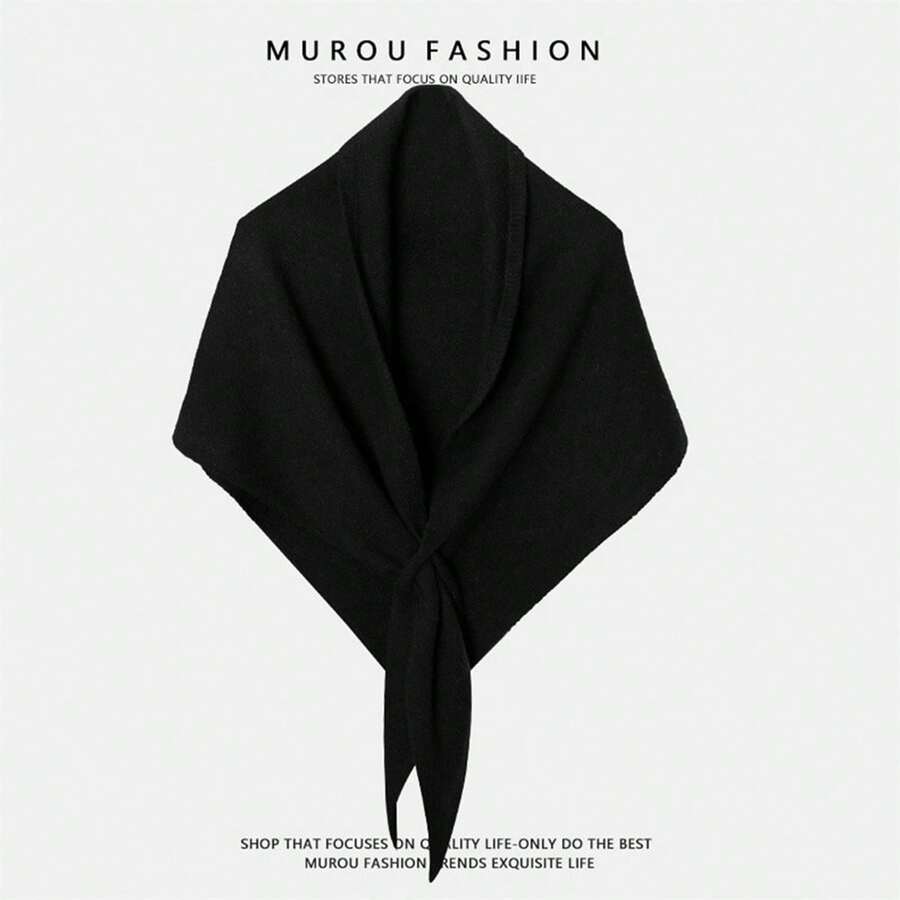 Women Knitted Shawl Wrap Solid Color/Stripe Triangle Warm Scarf Poncho Fashion Accessory - 黑色 - 查看 1