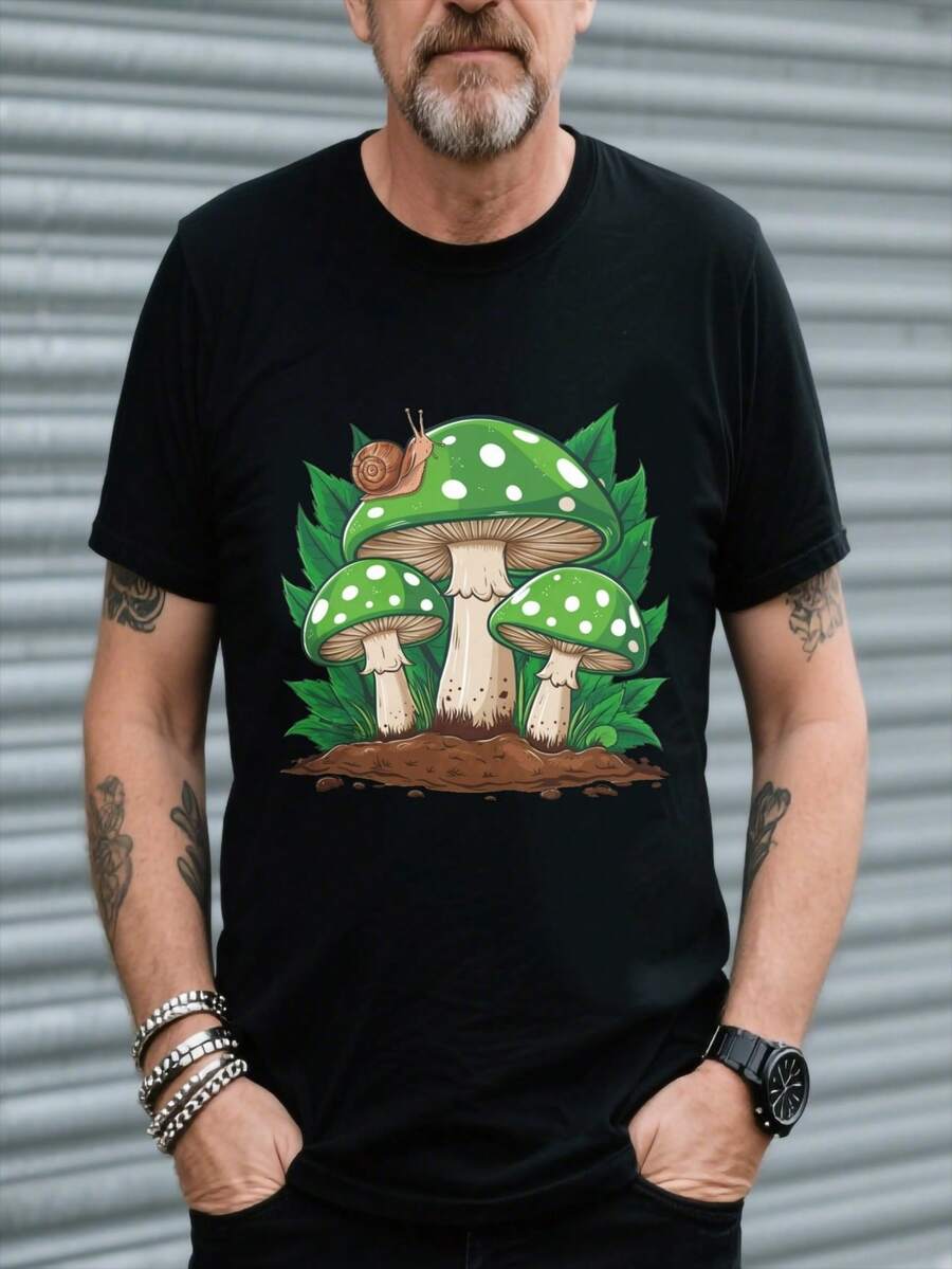 Creative Green Mushrooms With Snail Graphic Print, Men's Casual Round Neck Short Sleeve Outdoor T-Shirt, Comfy Fit Top For Summer Wear - 黑色 - 查看 1