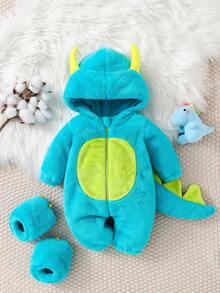 Autumn/Winter Baby Boy Fleece Jumpsuit Set, Cute Blue Monster Jumpsuit With Footies, Warm Newborn For Outdoor - Blue - View 10