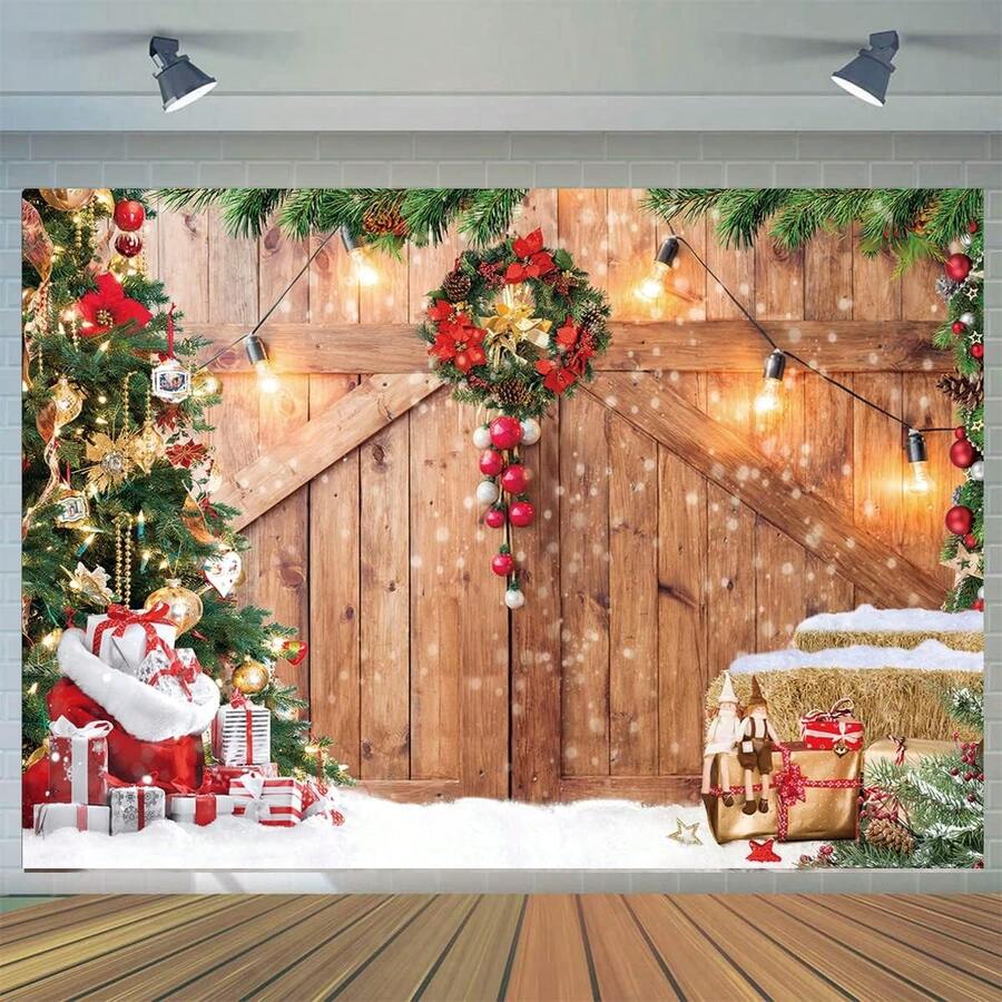 1 pieza Fondo de fotografía de puerta de granero navideña, paisaje de árbol de Navidad con nieve, regalo, pared, piso, fondo de foto de fiesta, pancarta de fiesta de Navidad y Año Nuevo, suministros para fiesta familiar navideña - Multicolor - Ver 1