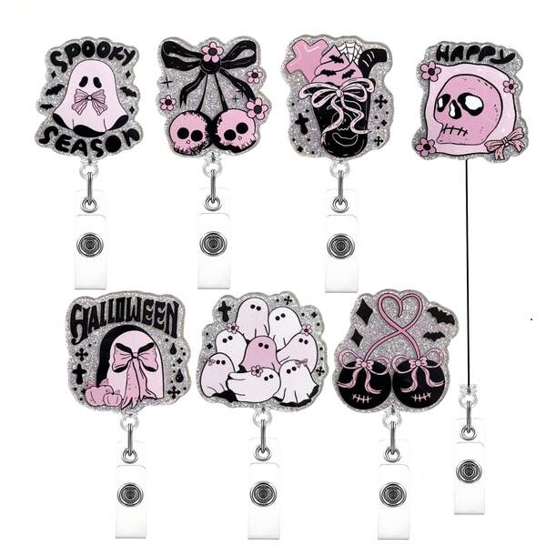 Suport pentru ecuson de identitate de Halloween, suport pentru etichetă de nume cu clapă de tragere, roz acrilic cu sclipici, pentru ecuson retractabil, ecuson de identitate pentru asistentă medicală, ecuson de identitate pentru muncă