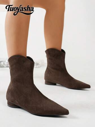 Fall/Winter Fashionable Flat Suede Material Solid Color Pointed Toe Ankle Boots, Short Boots With Back Zipper, Slim Fit, Versatile, Suitable For Music Festivals, Halloween, Daily Wear