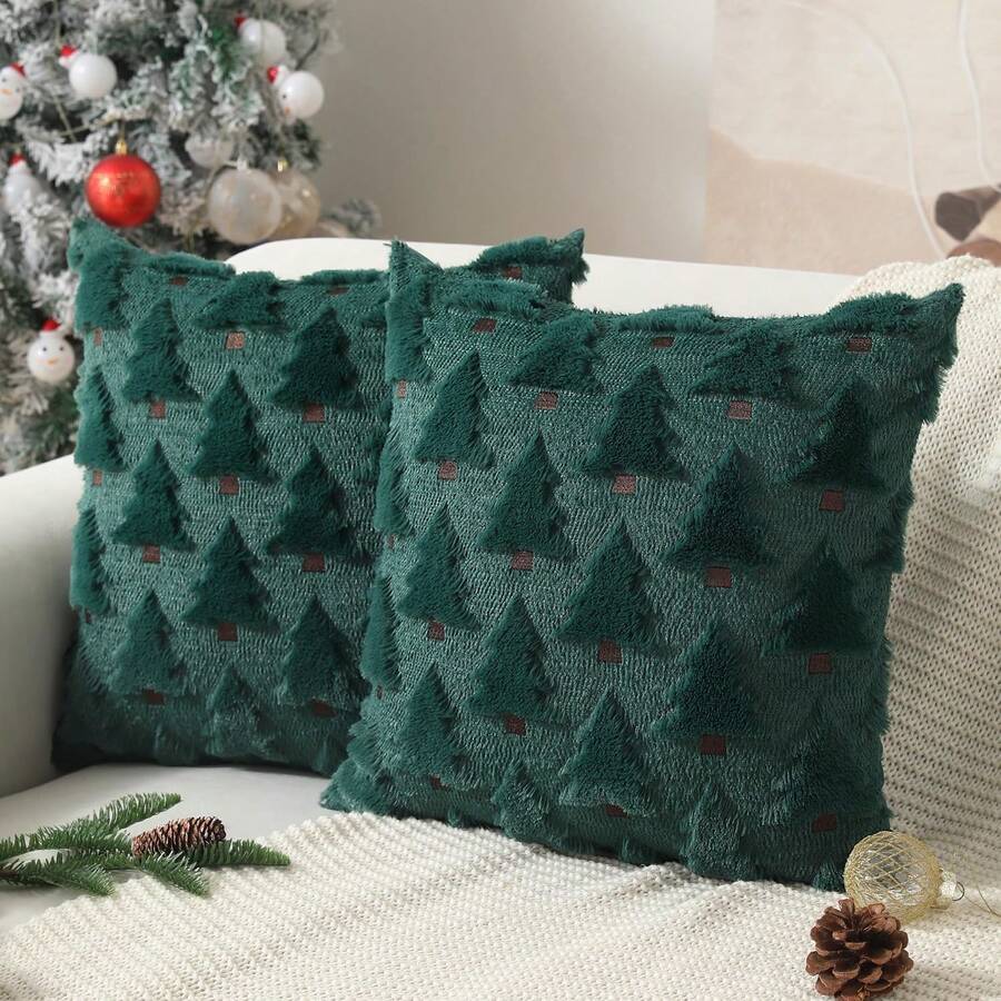 1pc Christmas Decoration Soft Faux Fur Plush Christmas Pillow Cover, Suitable For Living Room Bedroom Sofa, Pillow Insert Not Included - Green - View 1