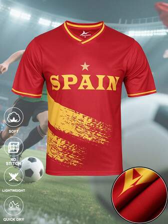 SURUIDA 1pc Spain Men's Soccer Jersey, Red Sports Shirt, Comfortable Athletic Tee Suitable For Team Matches