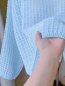 Áo dệt kim dáng rộng, màu trơn, khoét lỗ, thoải mái cho nữ mùa hè - Màu xanh lam - Xem 3
