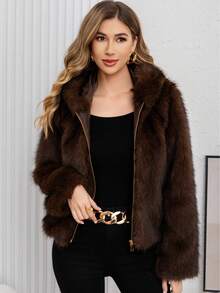 Women's Elegant Faux Fur Hooded Jacket, Warm Brown Long Sleeve Coat - Coffee Brown - View 6