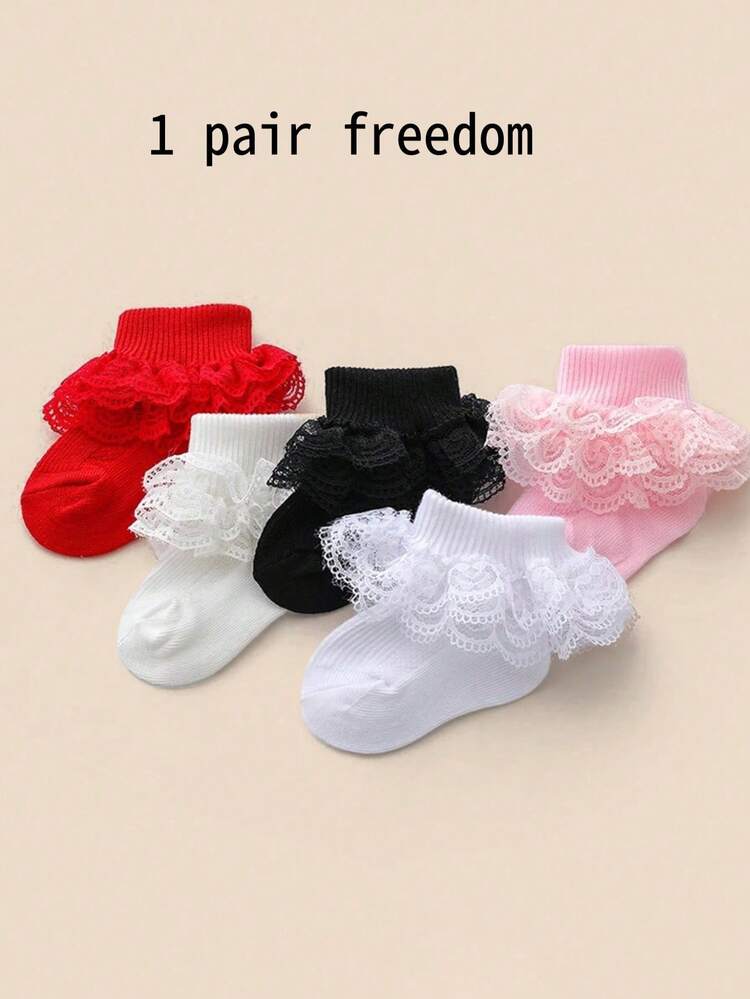 5 Pairs Baby Girl Socks, Fit For 0-3 Years Old, Short Socks With Lace Trim, Christmas Children Socks, New Year Socks, Comfortable Princess Socks Suitable For Newborns, Lace Socks, Soft And Comfortable, Available In Pink, Black, Red, Beige And White, Suitable For Baby's Daily Wear In All Seasons - Multicolor - View 15