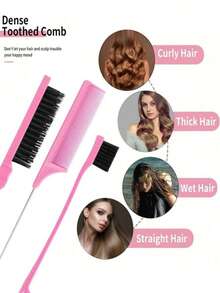 13pcs Hair Brush Set, Unisex, Includes Detangling, Edge Shaping, And Back Combing Functions, 9-Row Brush, Detangling Spray Bottle, Scalp Massage Shampoo Brush, High-Quality Wide-Tooth Comb, Floral Hair Clips, Styling Brush Set - Pink - View 5