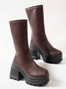 女士秋冬厚底圆头中筒靴，咖啡色，坡跟厚底，高筒设计，欧美时尚风格，修身高跟，户外休闲百搭粗跟靴 - 咖色 - 查看 5