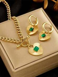 1 Set de Collar con Cadena en Forma de Corazón Verde Vintage y Aretes, Accesorios de Moda para Uso Diario para Hombres (Empaquetado en Bolsa de OPP)