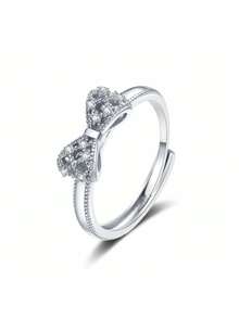 1 件精致简约蝴蝶结设计水钻镶嵌戒指适合女士日常佩戴情人节、妈妈、母亲、母亲节、礼物 - 銀色 - 查看 12